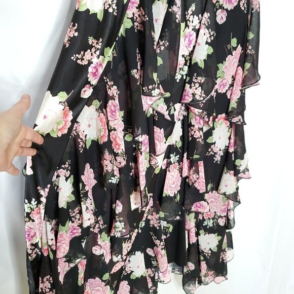 Floral Babydoll Slip Dress M Black Pink Satin Long Maxi Chiffon Ruffles Fairy - Picture 5 of 9